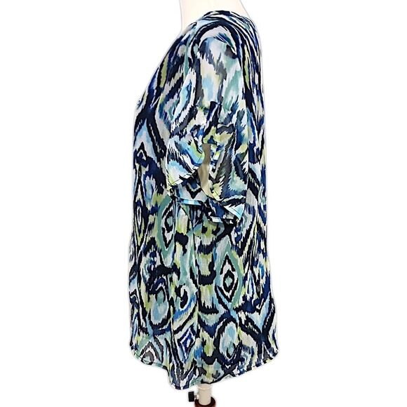 AVENUE Plus Size 2X 18 20 Button Down Blouse Ikat Short Shirred Sleeve Sheer - Picture 6 of 16